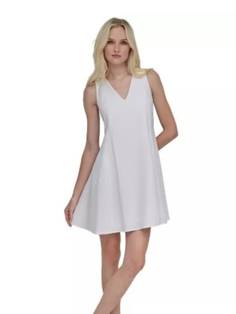 DKNY White Petite Sleeveless V Neck A Linen Shift Dress Sz 2P Minimalist Career